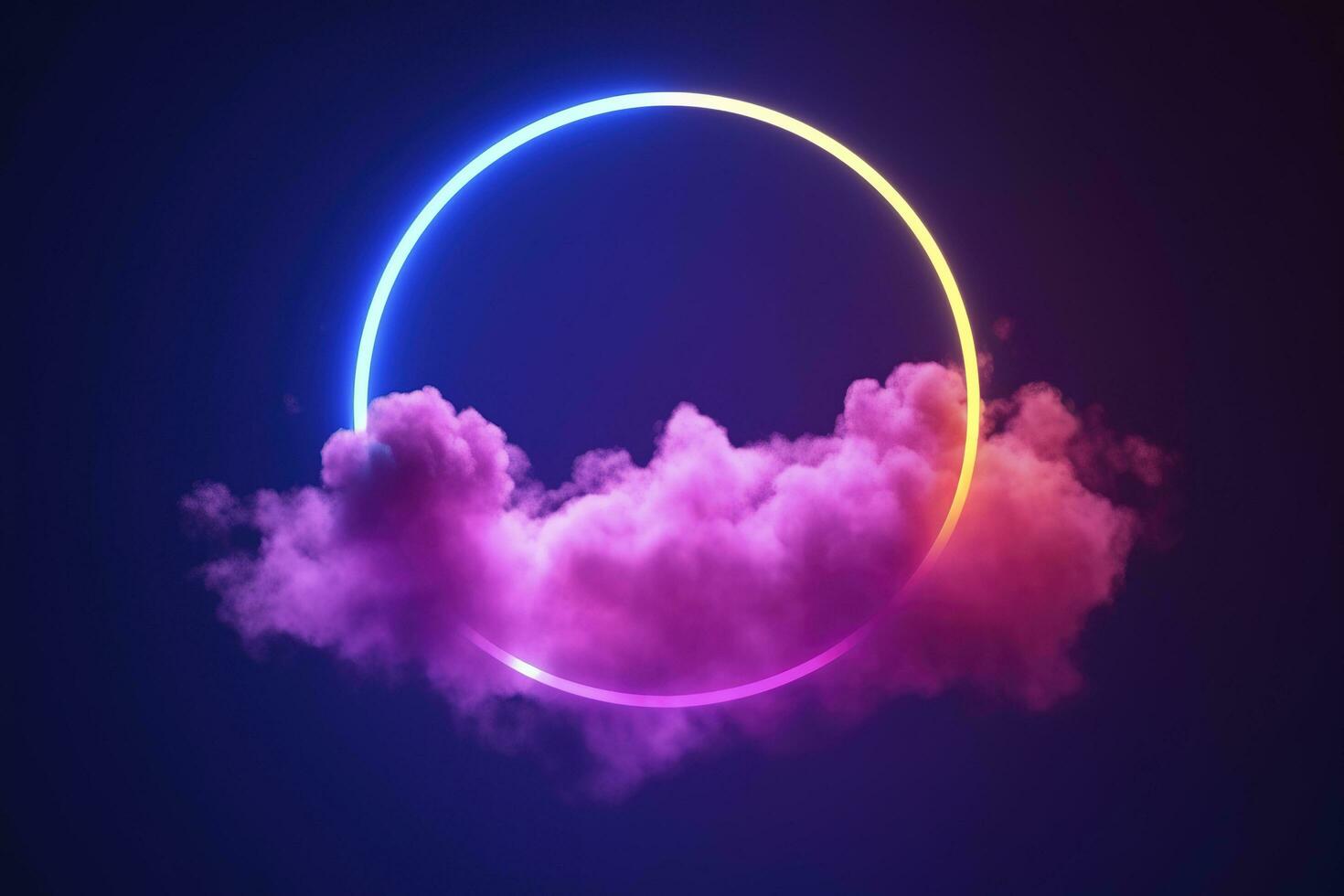 3d render, abstract cloud illuminated with neon light ring on dark night sky. Glowing geometric shape, round frame, generate ai photo