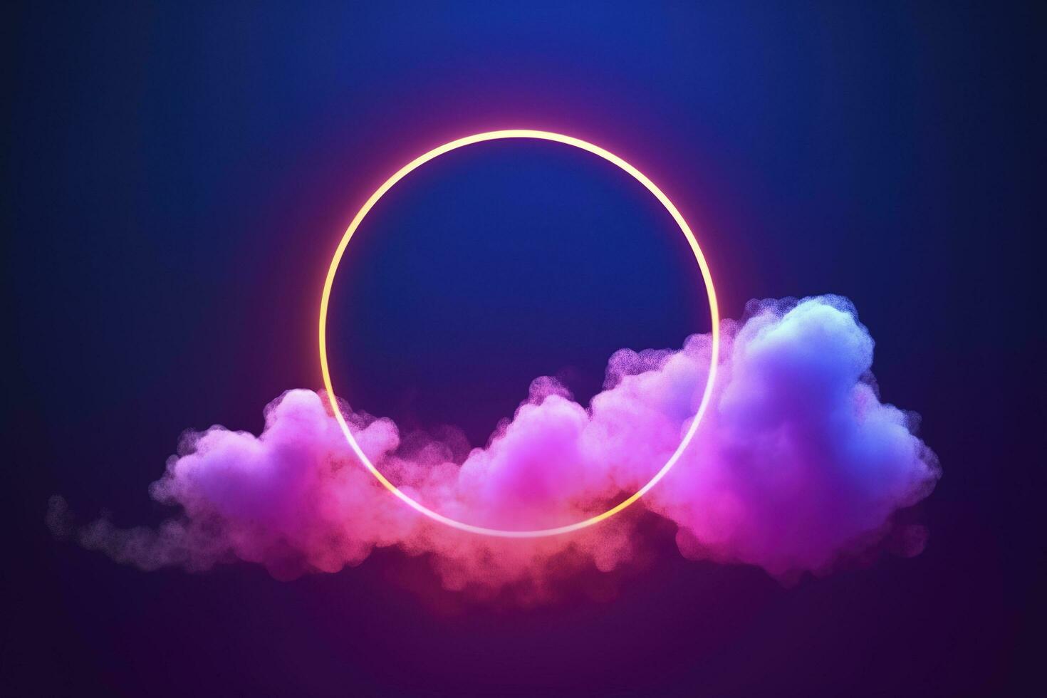 3d render, abstract cloud illuminated with neon light ring on dark night sky. Glowing geometric shape, round frame, generate ai photo