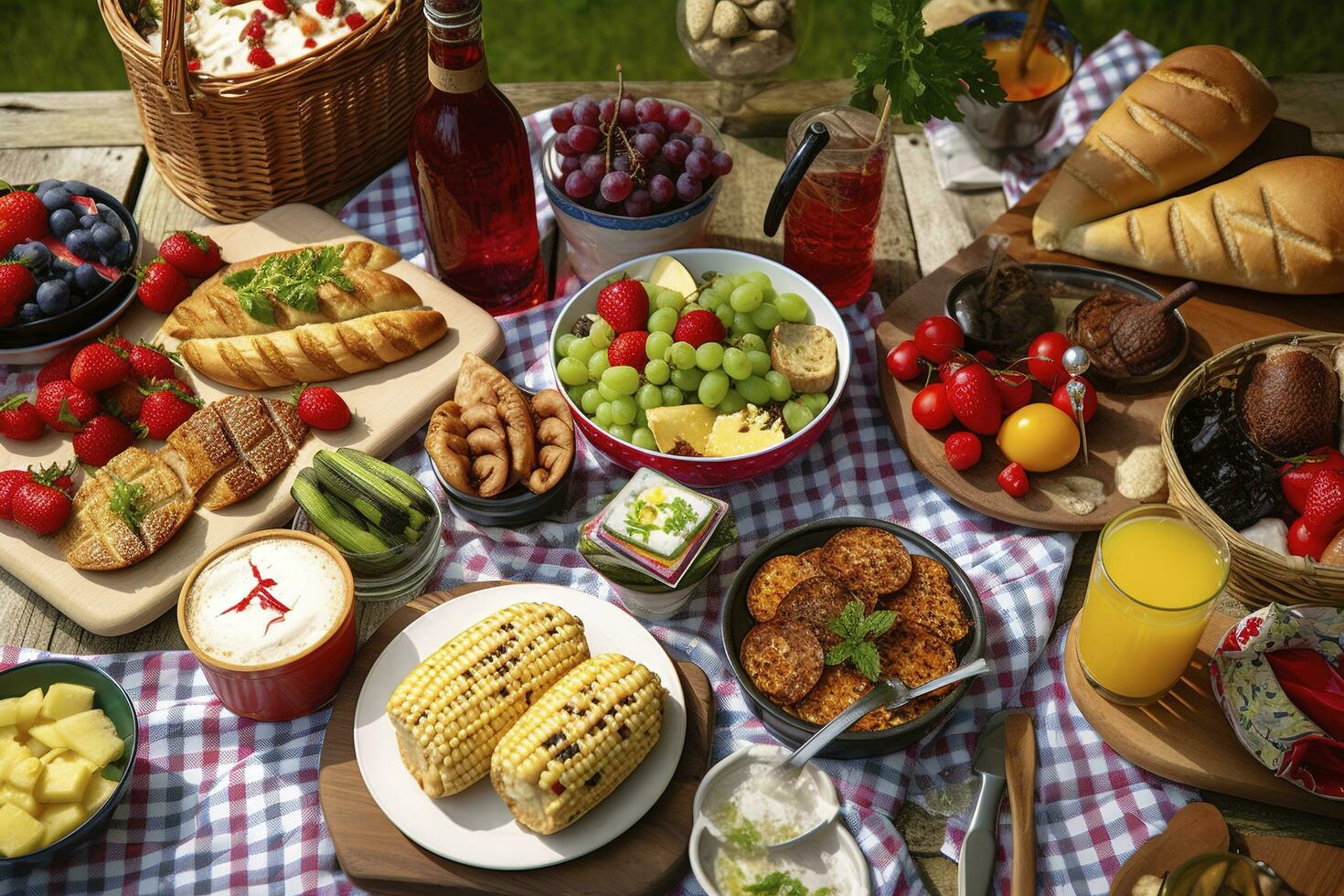 Various picnic food and drink, generate ai photo