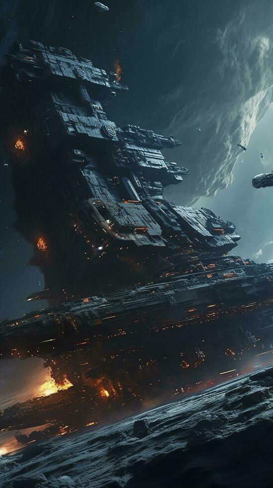 Cinematic Still, intense space battle between two massive battleships, starry sky, nebulae, galaxies, HDR futuristic space battleship destroyers traveling through an asteroid field, generate ai photo