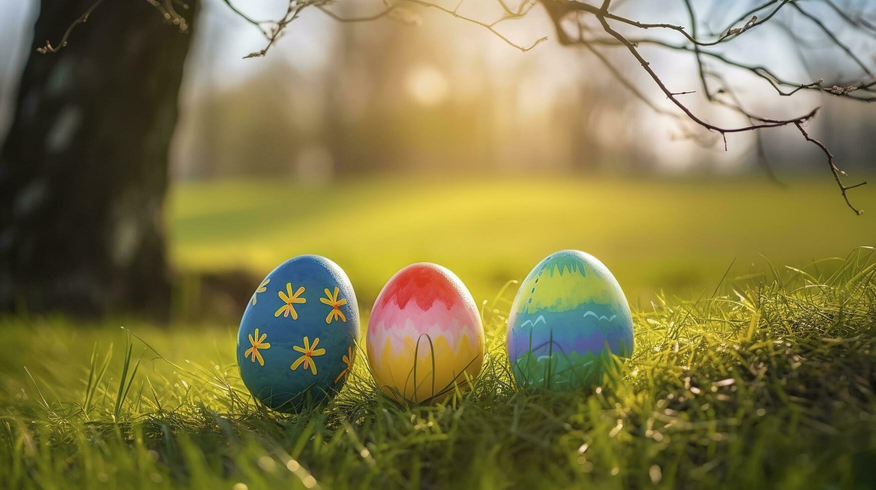 Photo of colored easter eggs laying in grass outside, generate ai