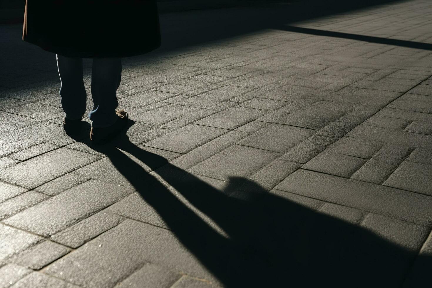 Dark shadow of a lonely person on the ground in the street. Stranger with a cigarette. Anxiety, depression, loneliness, fear concept, generate ai photo