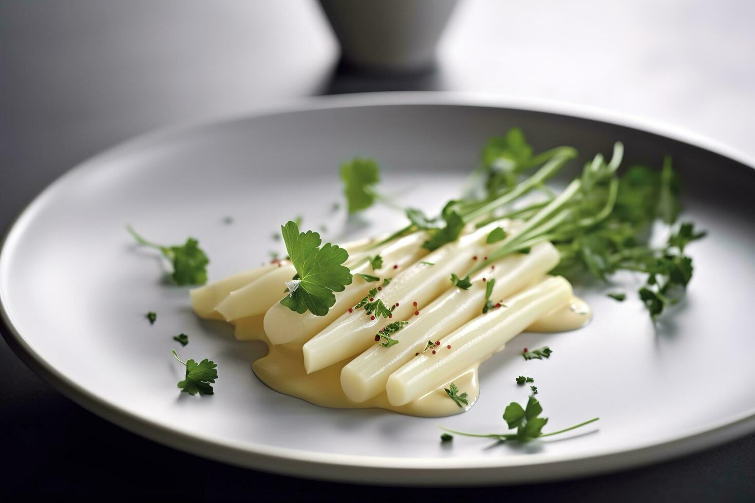 Modern Style Traditional Steamed White Asparagus with Cured Ham and Hollandaise Sauce Served as Top View on a Nordic Design Plate with Copy Space, generate ai photo