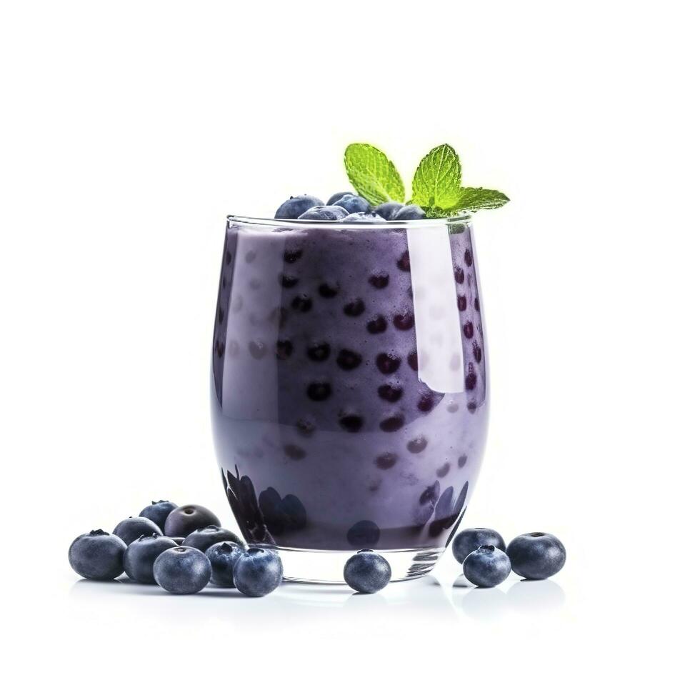 Tasty blueberry smoothie in glass isolated on white background, generate ai photo