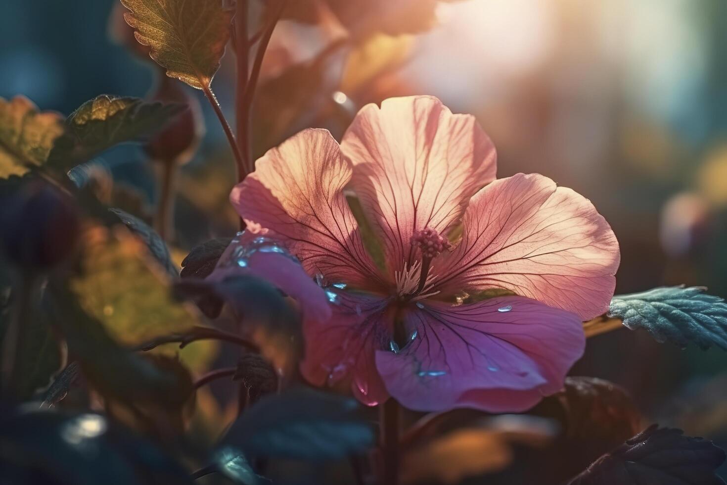 pink flowers with the sun shining through the clouds in the background and the grass in the foreground is a field of purple flowers. photo