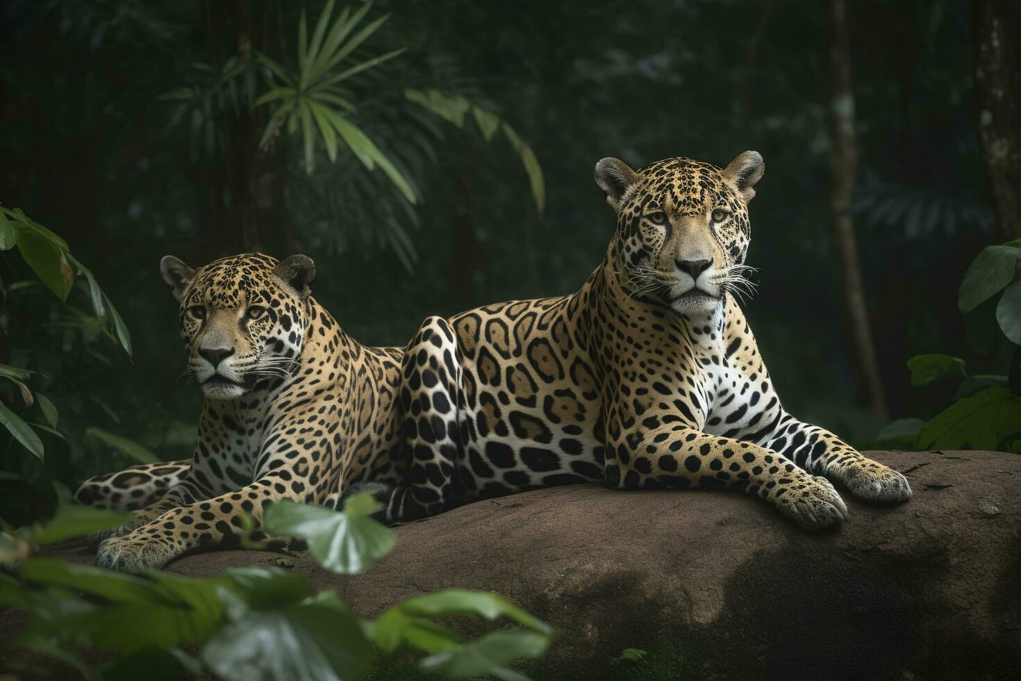 un par de jaguares descansando en un rocoso afloramiento, generar ai foto