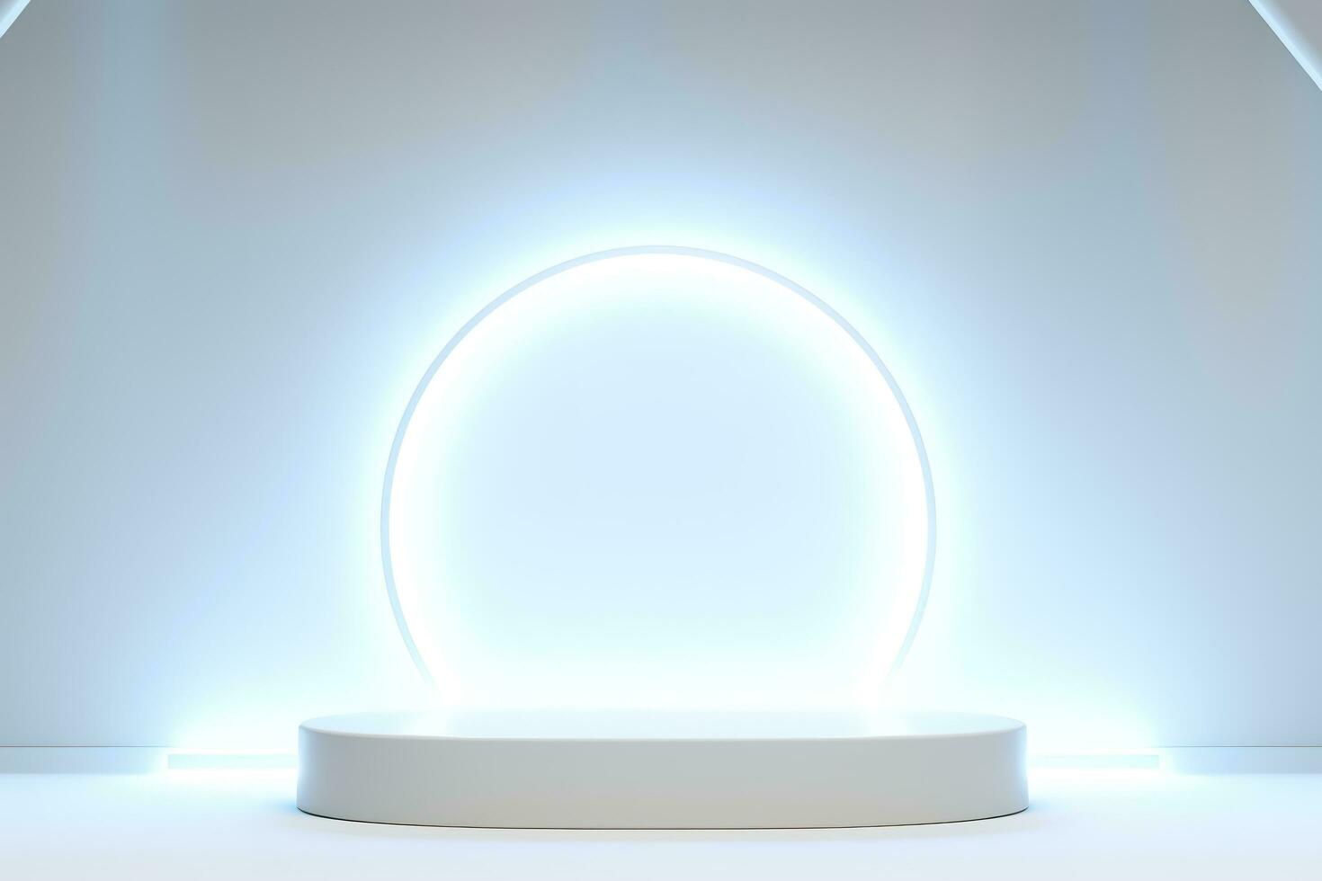 Abstract 3D silver cylinder pedestal podium floating on air with glowing neon ring background. Silver wall scene for product display presentation. rendering geometric platform, generate ai photo