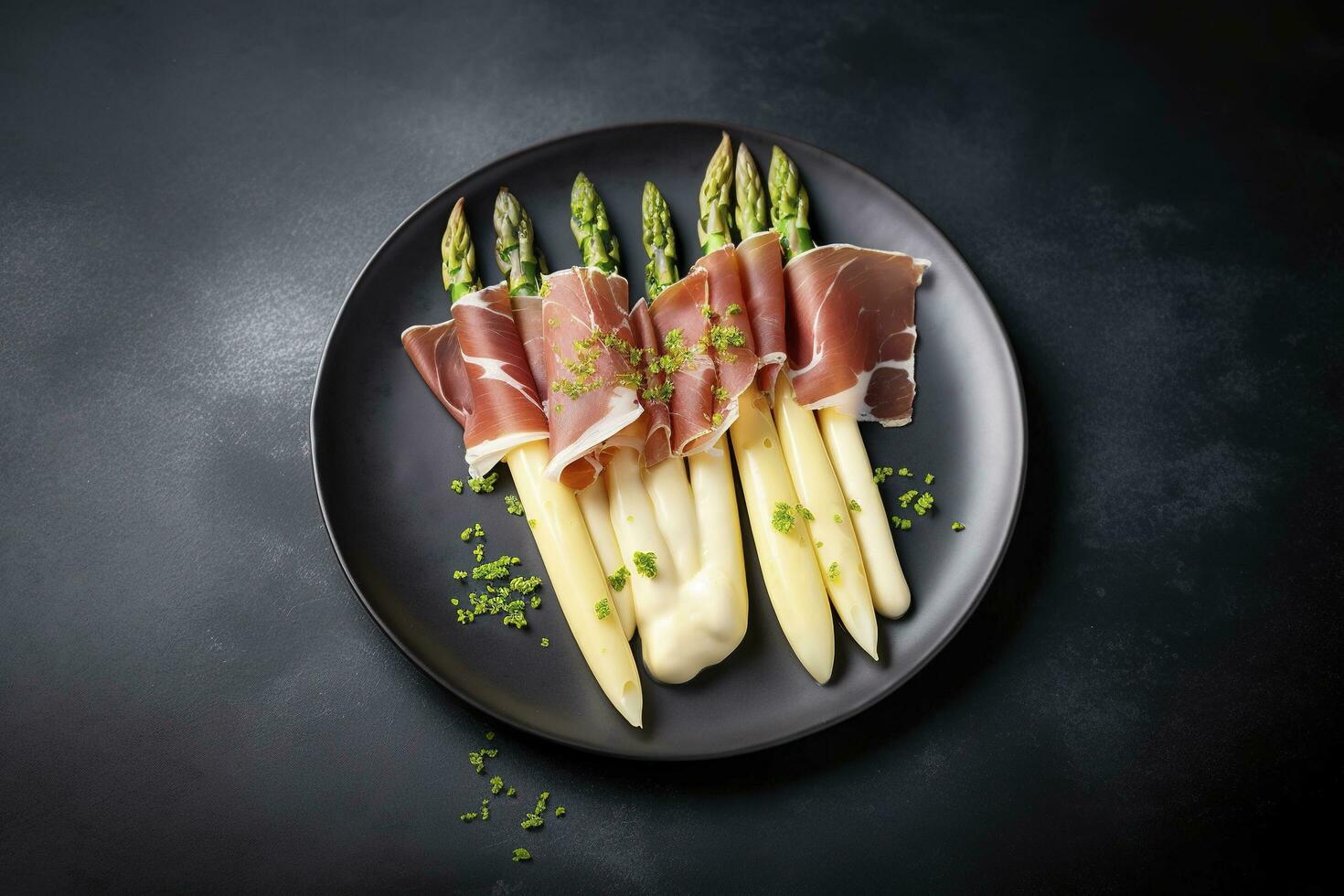 Modern Style Traditional Steamed White Asparagus with Cured Ham and Hollandaise Sauce Served as Top View on a Nordic Design Plate with Copy Space, generate ai photo