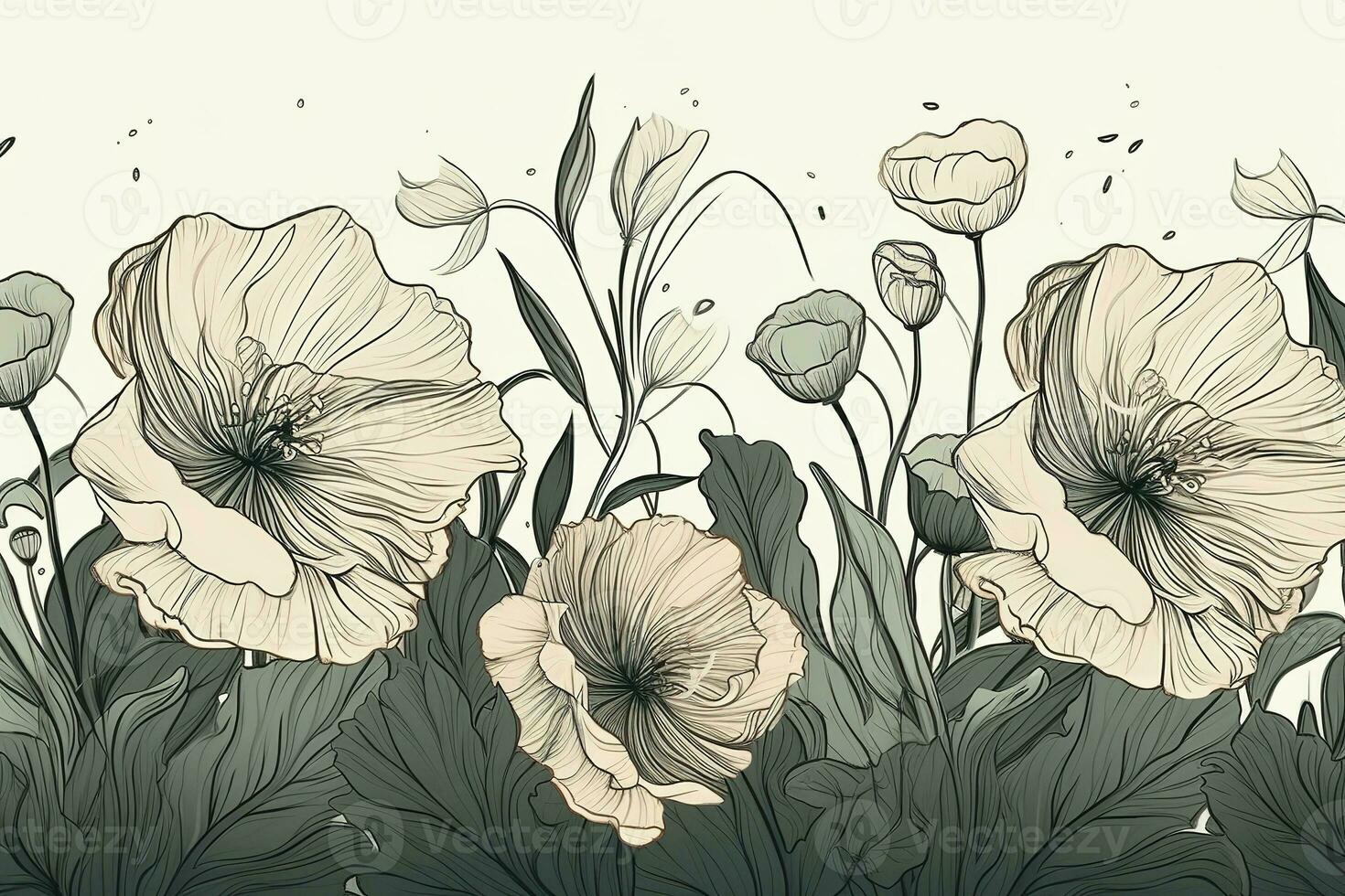 Luxury botanical background with trendy greenery and poppy flower. Vintage foliage background. For wedding invitation, wall art or card template. Minimal line , generate ai photo