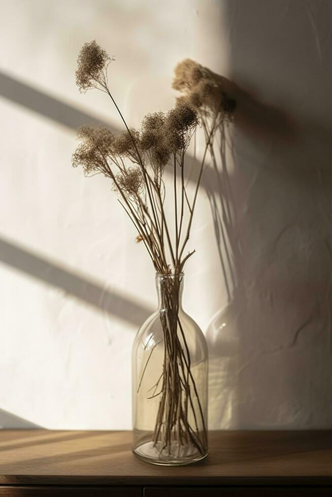 Dried meadow grass bouquet in clear glass bottle aesthetic sun light  shadows on neutral wall, minimalist floral interior design , generate ai  24356589 Stock Photo at Vecteezy