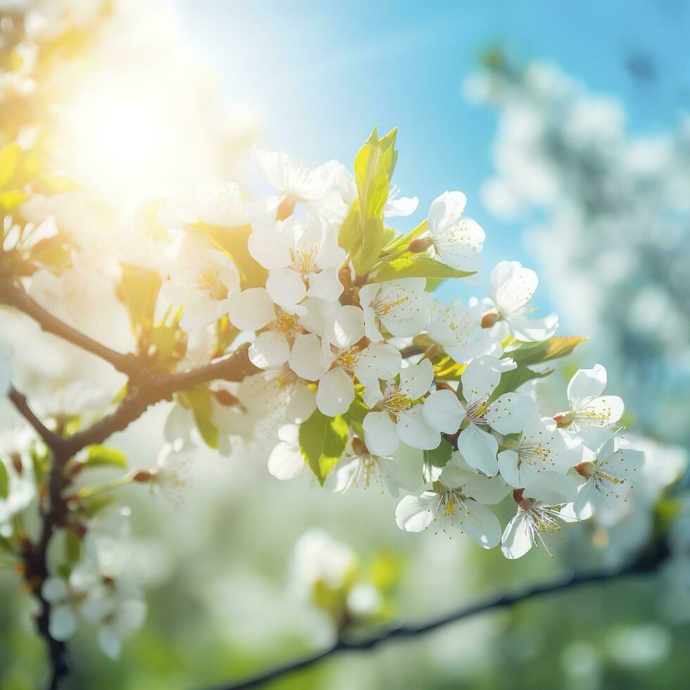 Spring blossom background. Nature scene with blooming tree and sun flare. Spring flowers. Beautiful orchard,light blue background , generat ai photo