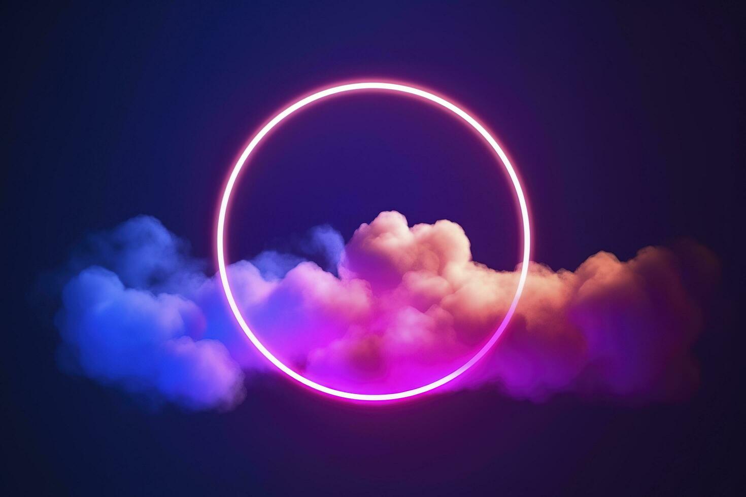 3d render, abstract cloud illuminated with neon light ring on dark night sky. Glowing geometric shape, round frame, generate ai photo