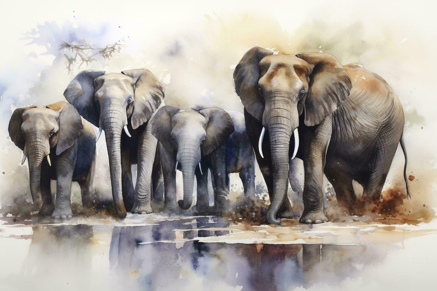 A group of elephants gathered around a watering hole watercolor painting, beautiful natural forms, crisp clean shapes, colorful, white background, generate ai photo