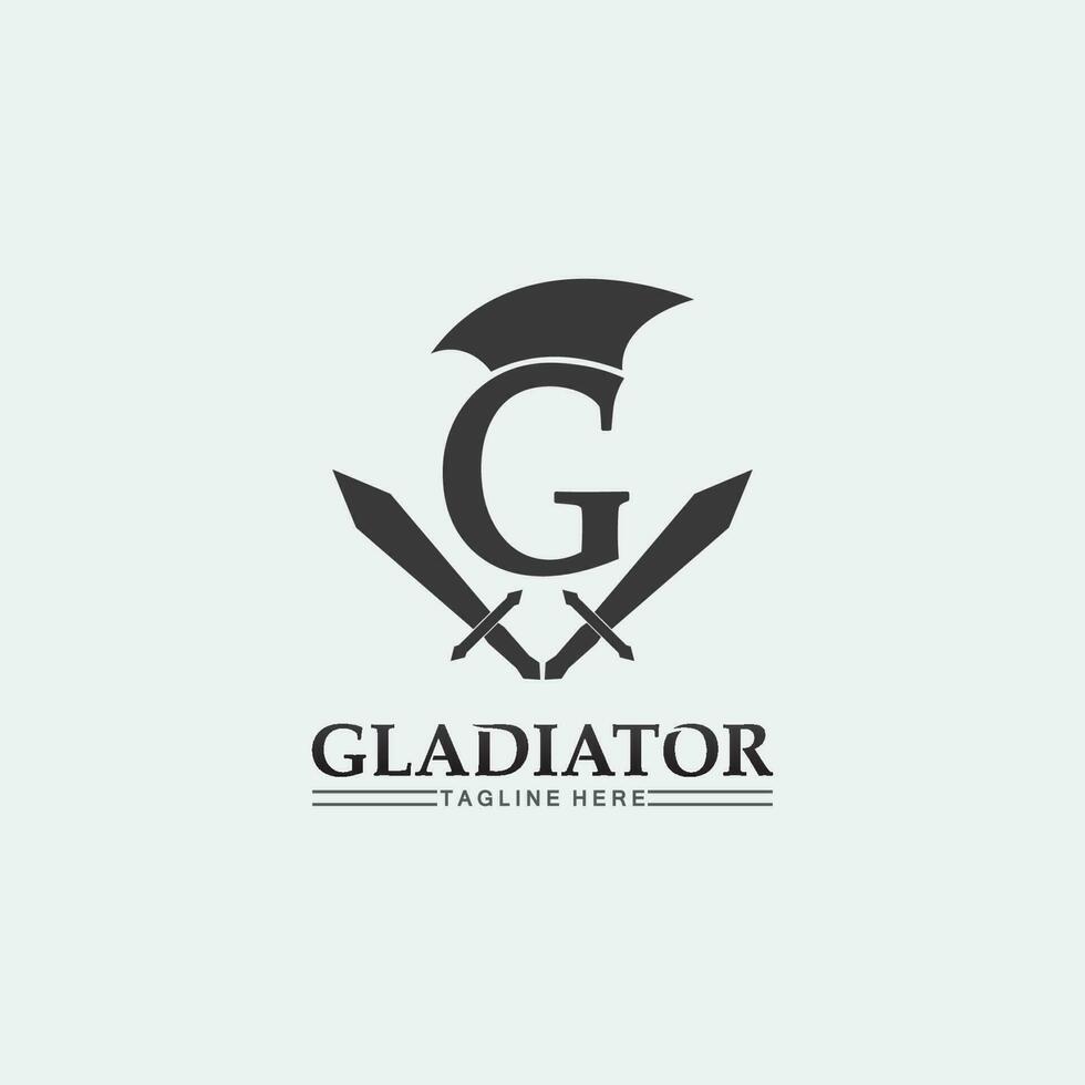 logo de casco espartano y gladiador, poder, vintage, espada, seguridad, logo legendario y vector de soldado clásico