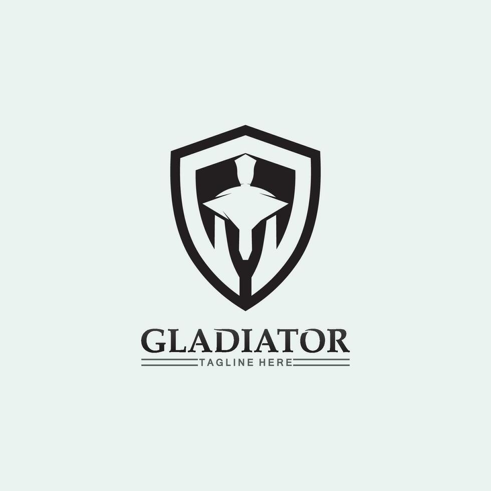 logo de casco espartano y gladiador, poder, vintage, espada, seguridad, logo legendario y vector de soldado clásico