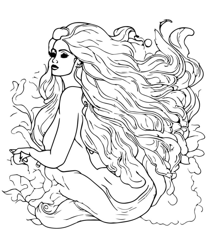 Exquisite Mermaid Line Art Enchanting Illustration Coloring Page for Adult Coloring Book vector