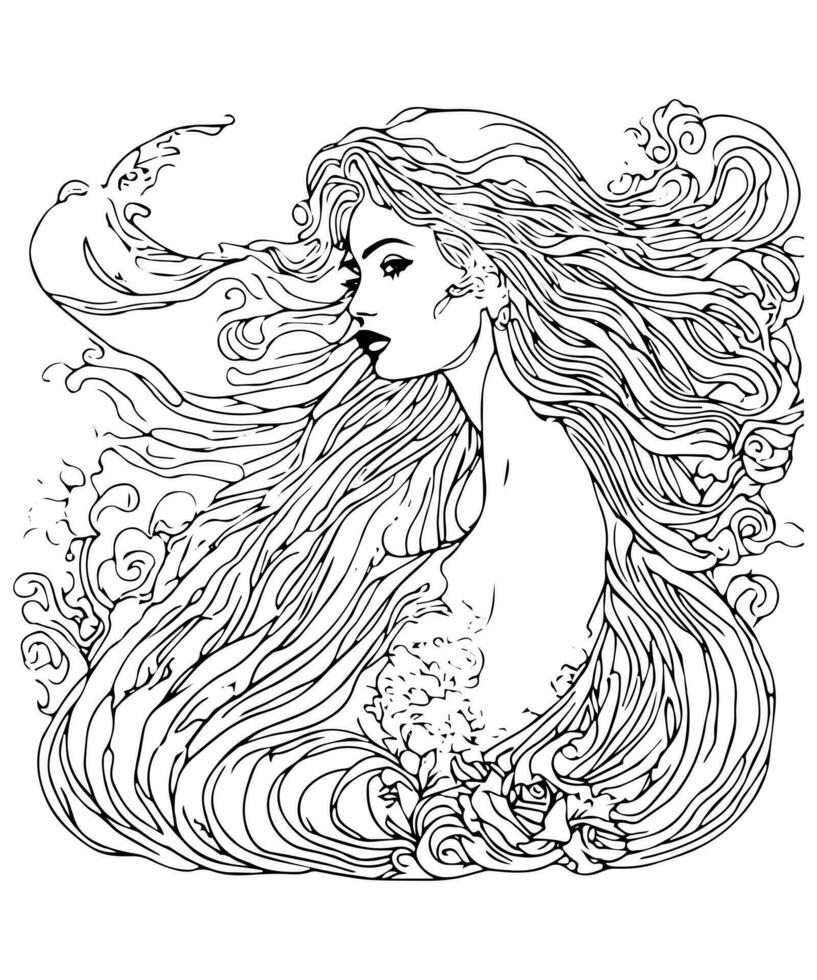 Exquisite Mermaid Line Art Enchanting Illustration Coloring Page for Adult Coloring Book vector