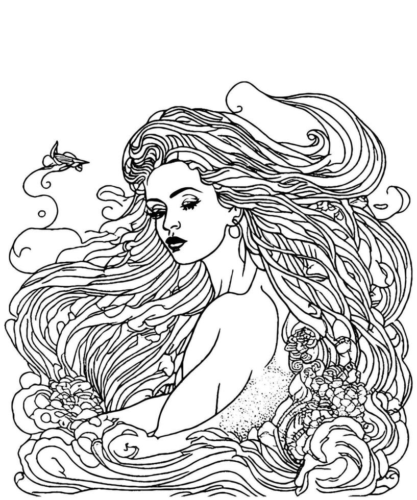 Exquisite Mermaid Line Art Enchanting Illustration Coloring Page for Adult Coloring Book vector