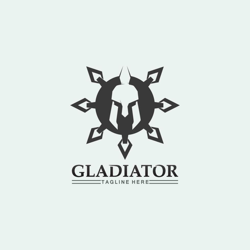 logo de casco espartano y gladiador, poder, vintage, espada, seguridad, logo legendario y vector de soldado clásico