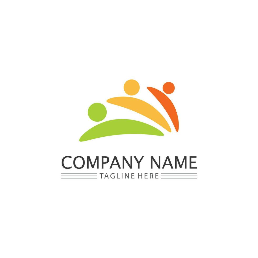 logotipo de personas, equipo, trabajo exitoso de personas, grupo y comunidad, logotipo de empresa y negocio de grupo y cuidado de diseño, icono familiar logotipo de éxito vector