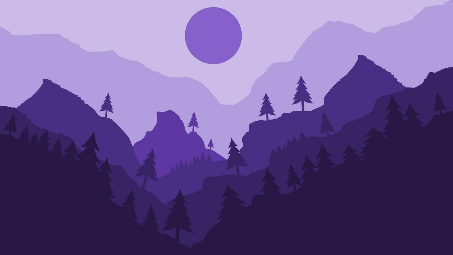 Vector illustration of beautiful forest and mountains in purple color composition. Suitable for flyer, banner, poster and home wall decoration