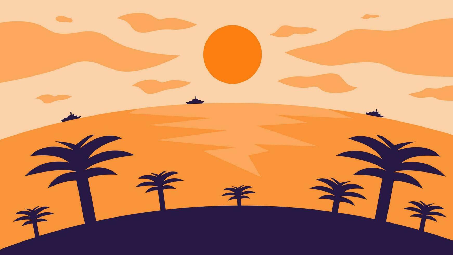 Beautiful sunset view over the sea, silhouette beach and coconut tree in flat design vector