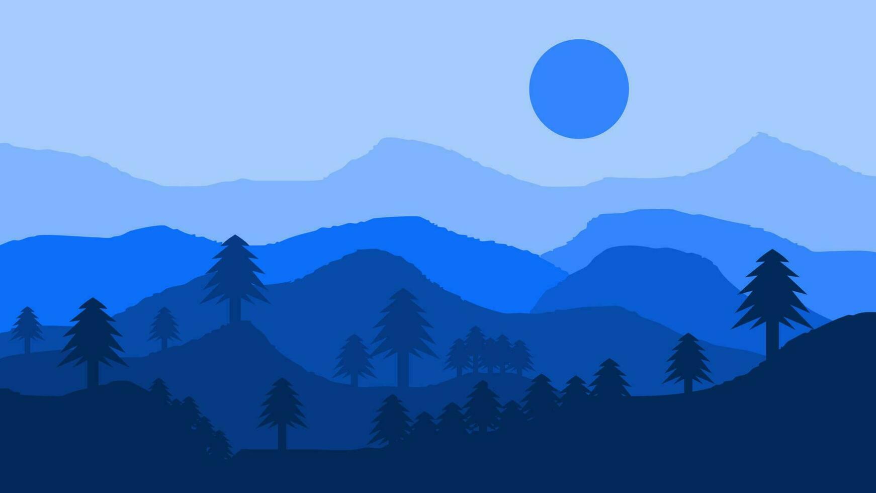 Beautiful landscape mountain view, tree and moon in flat design with blue color composition. Suitable for home wall decoration vector