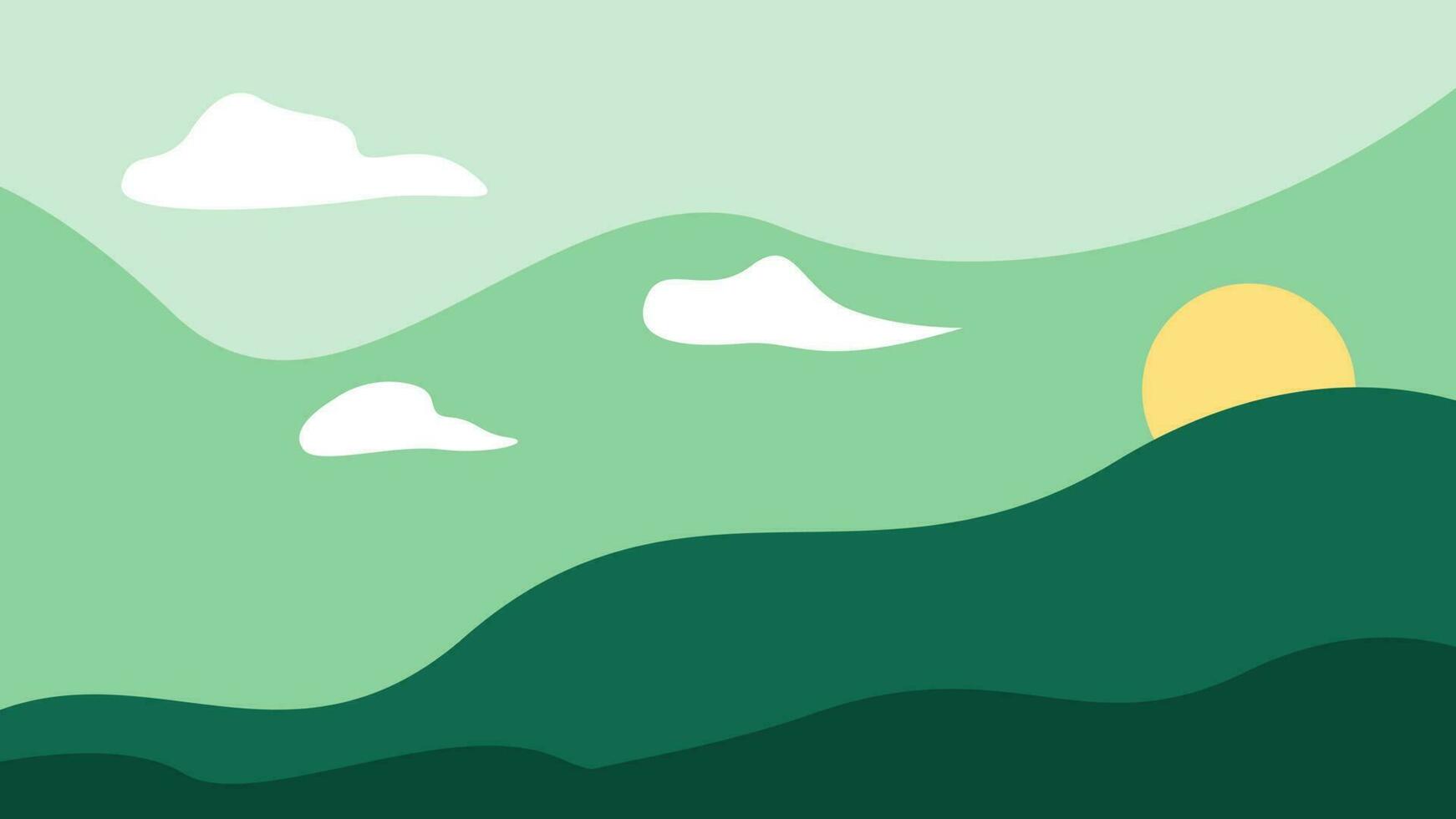 Green nature landscape and sun over the hill, with clouds in the sky. Suitable for home wall decoration vector