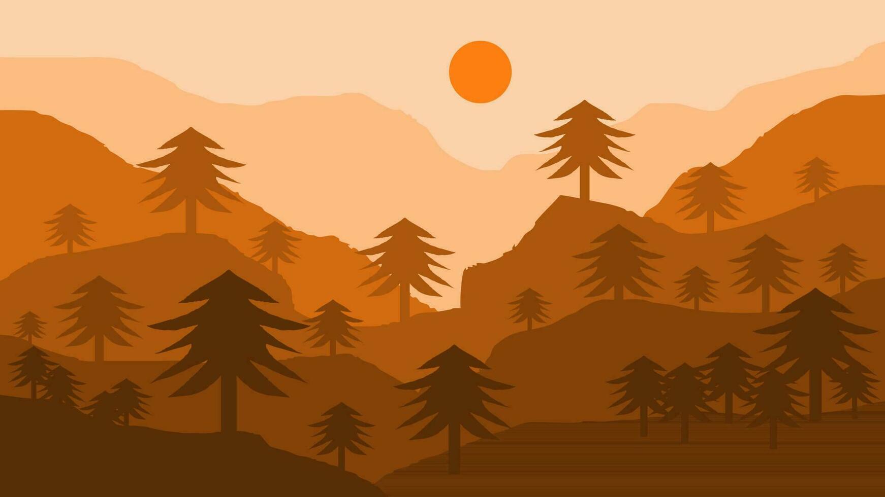 Abstract landscape of cliffs, sun and trees in flat design. Suitable for poster, banner, flyer and home wall decoration vector