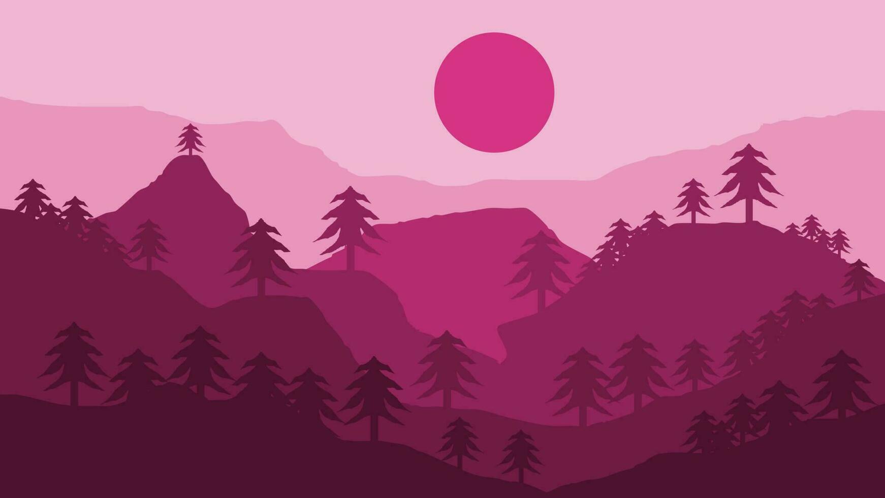 Abstract landscape of mountains, sun and trees in flat design. Suitable for poster, banner and home wall decoration vector
