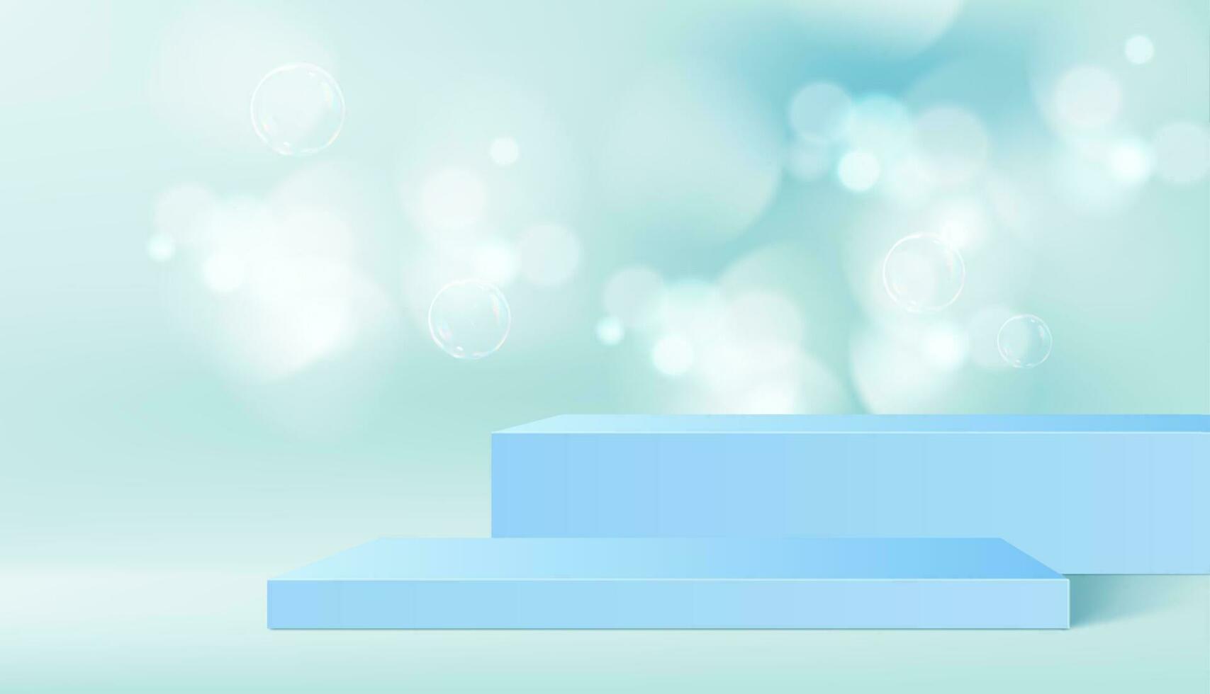 Blue podium with bokeh and soap bubbles, platform vector