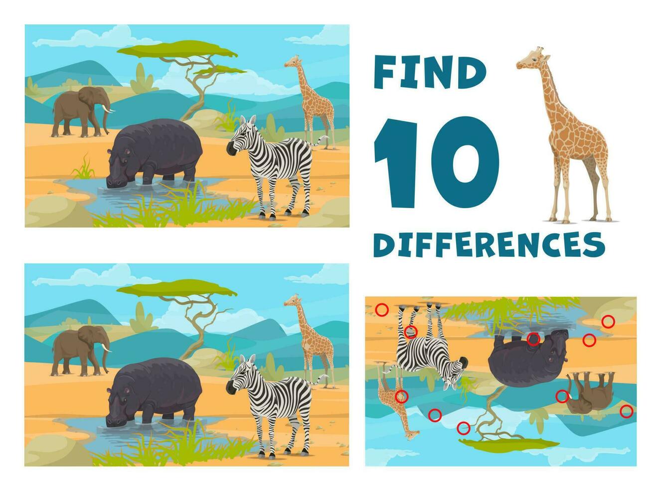 Find ten differences game with african animals vector