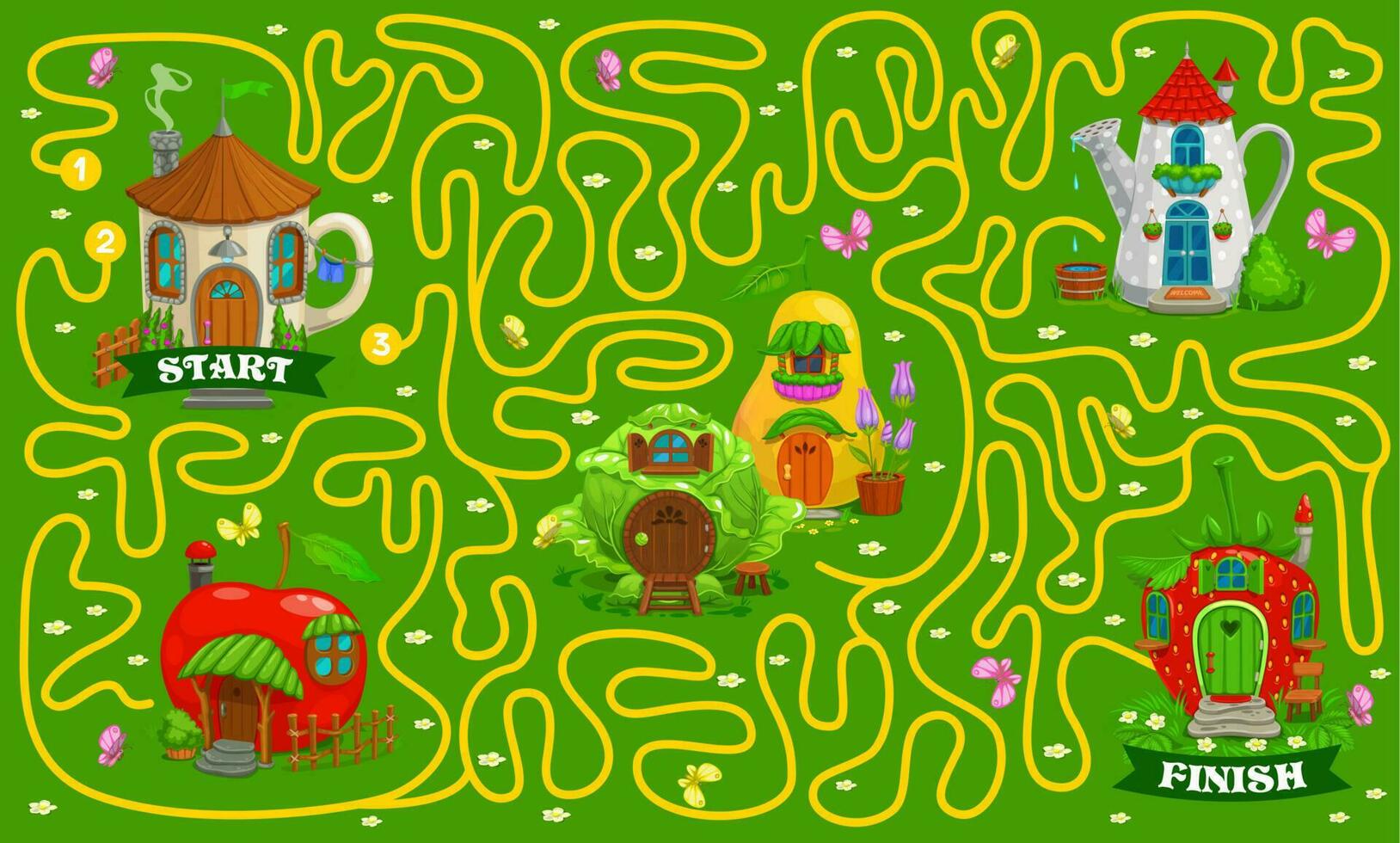 Labyrinth maze game, fairytale magic elf houses vector