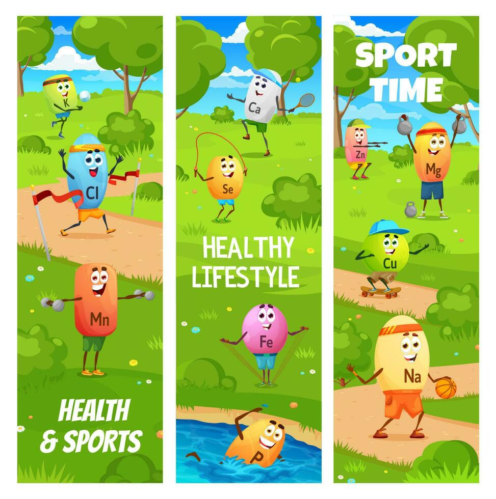 Deportes y salud, dibujos animados vitaminas deportista vector