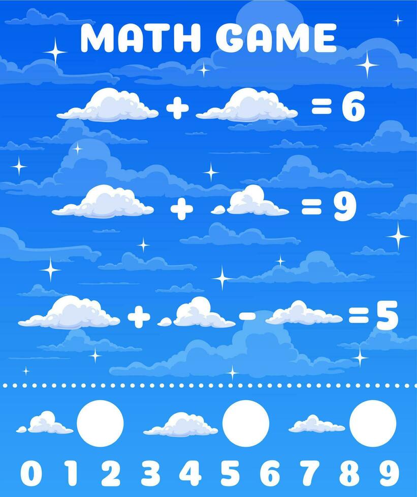 Cartoon clouds on blue sky math game worksheet vector