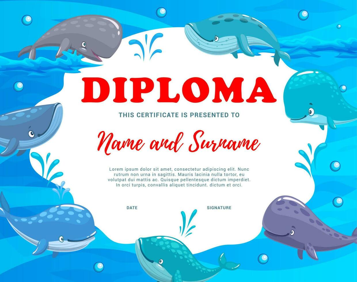 Kids diploma with cartoon cachalot or sperm whale vector