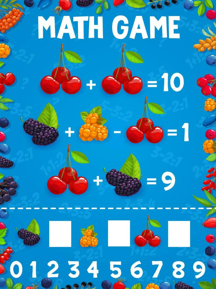 Cartoon berries, math game worksheet, kids quiz vector