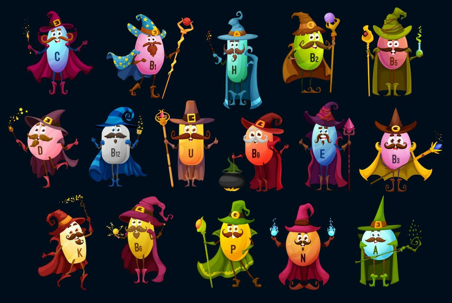 Cartoon vitamin wizards and sorcerer characters vector