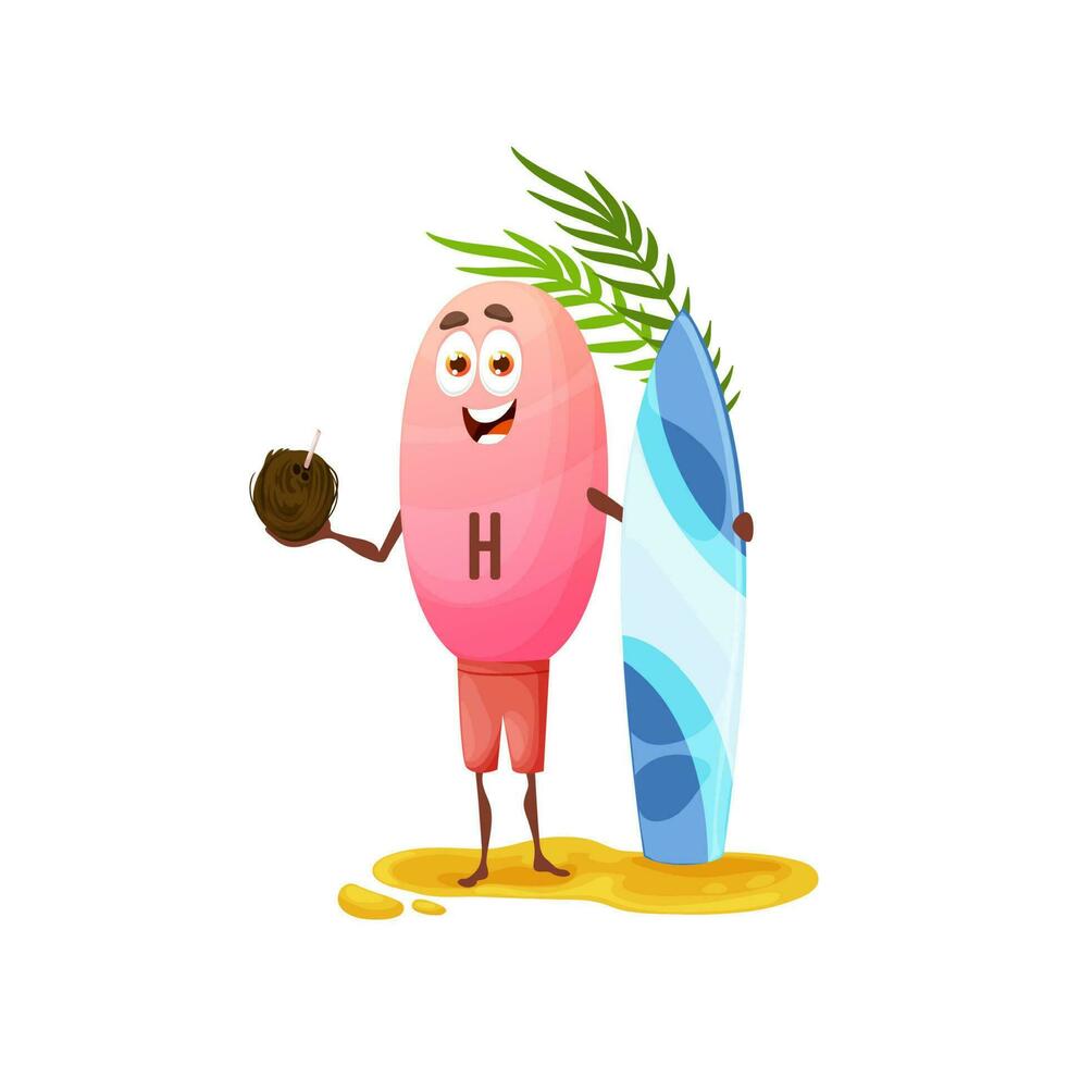 Cartoon vitamin H character fun with surfboard vector