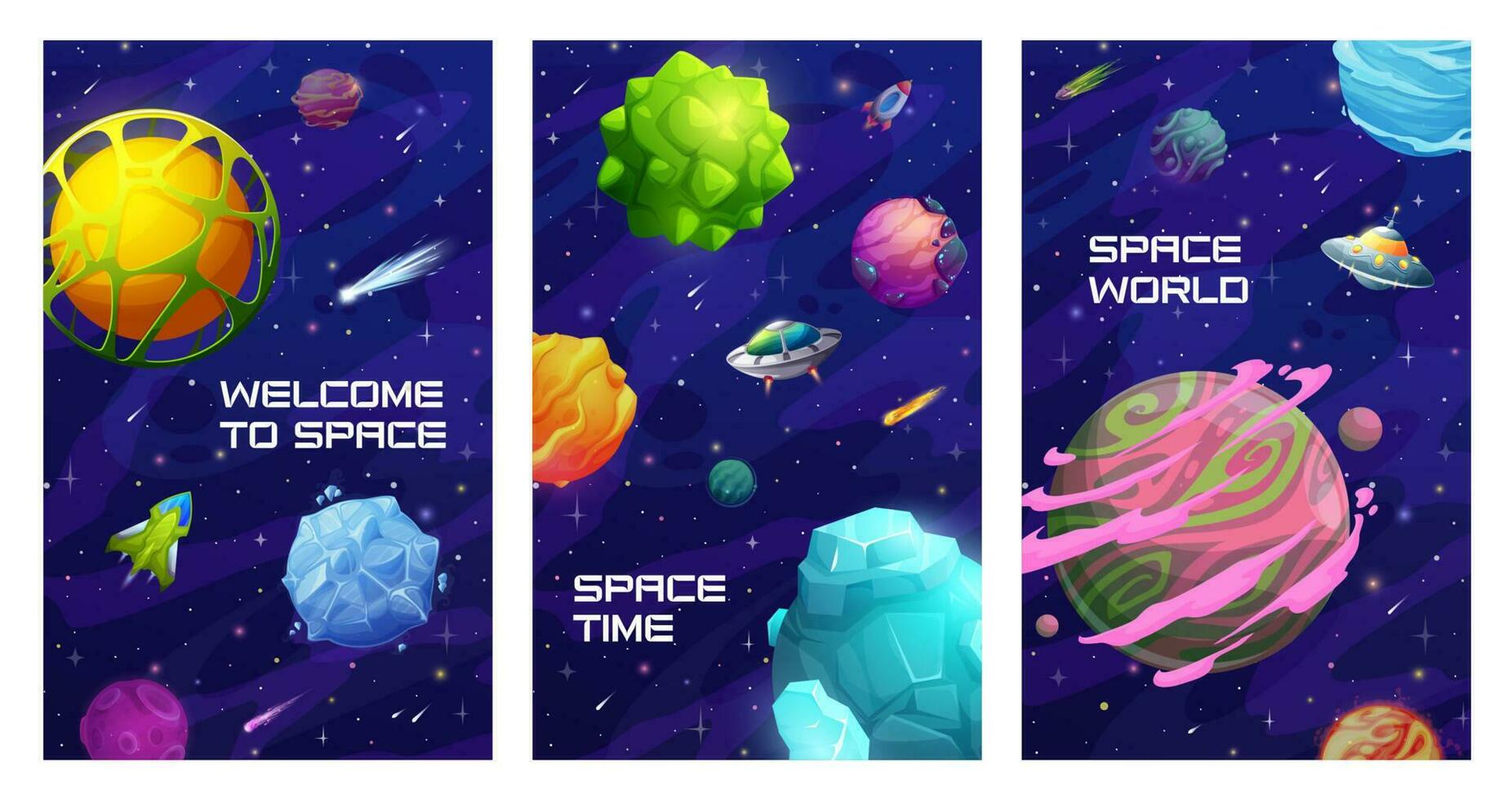 Space posters, starry galaxy, space planets, stars vector