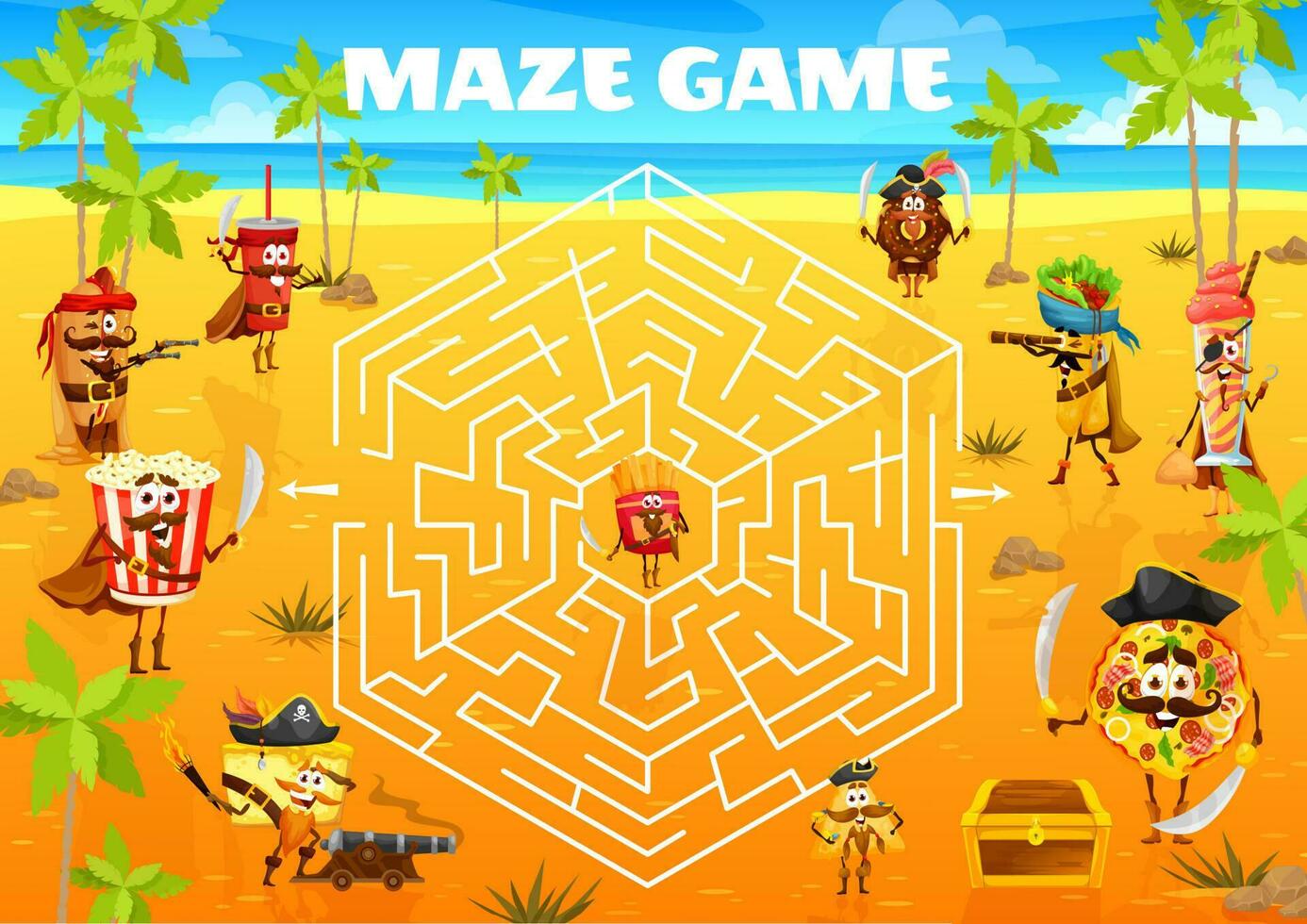 Labyrinth maze with pirates fastfood characters vector