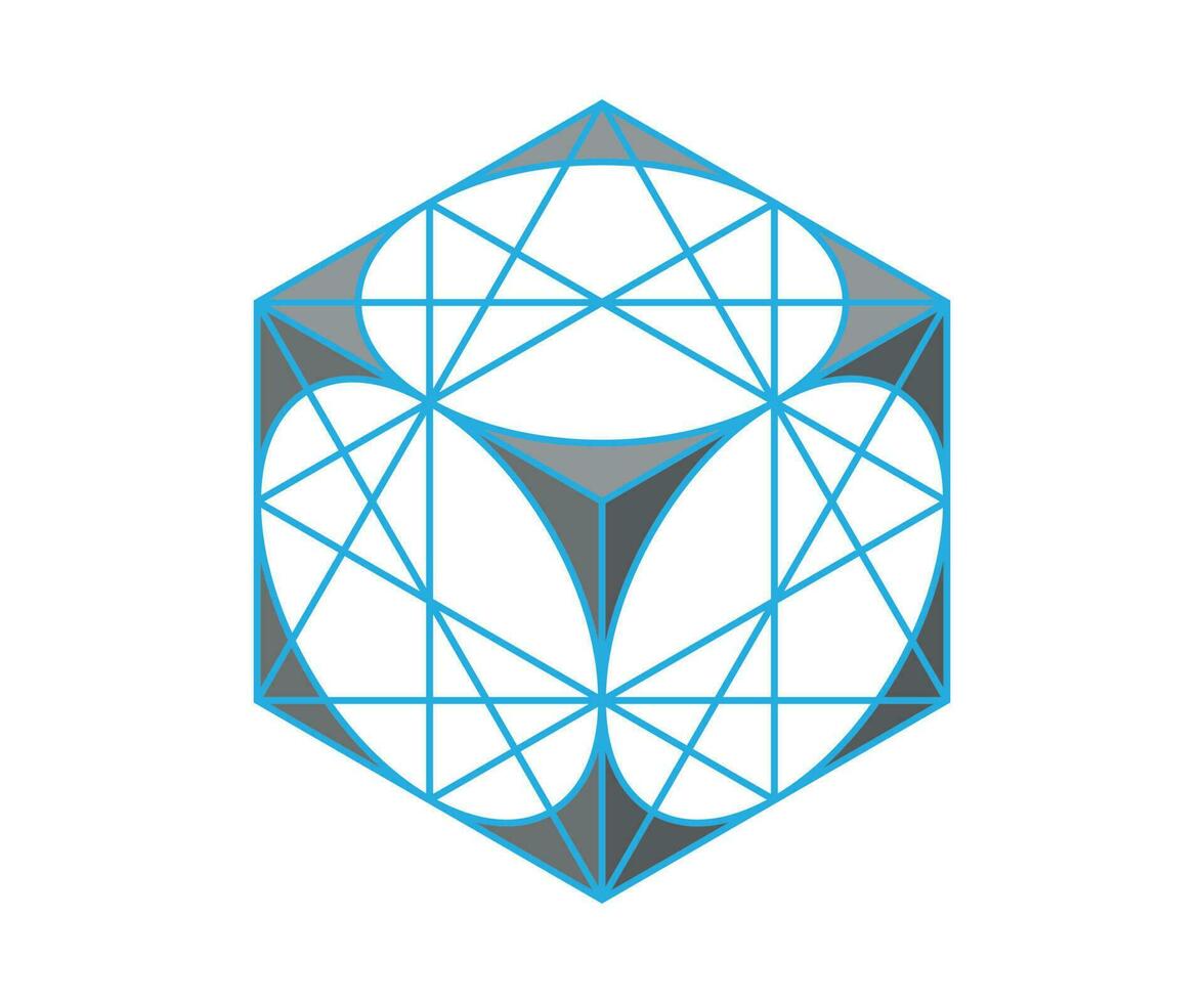 isometric drawing of a cube with circles inscribed vector