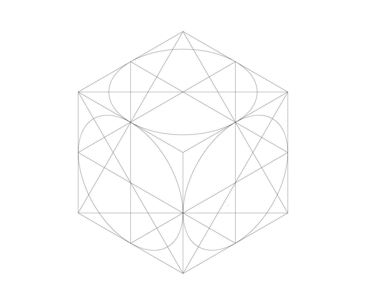 isometric drawing of a cube with circles inscribed vector