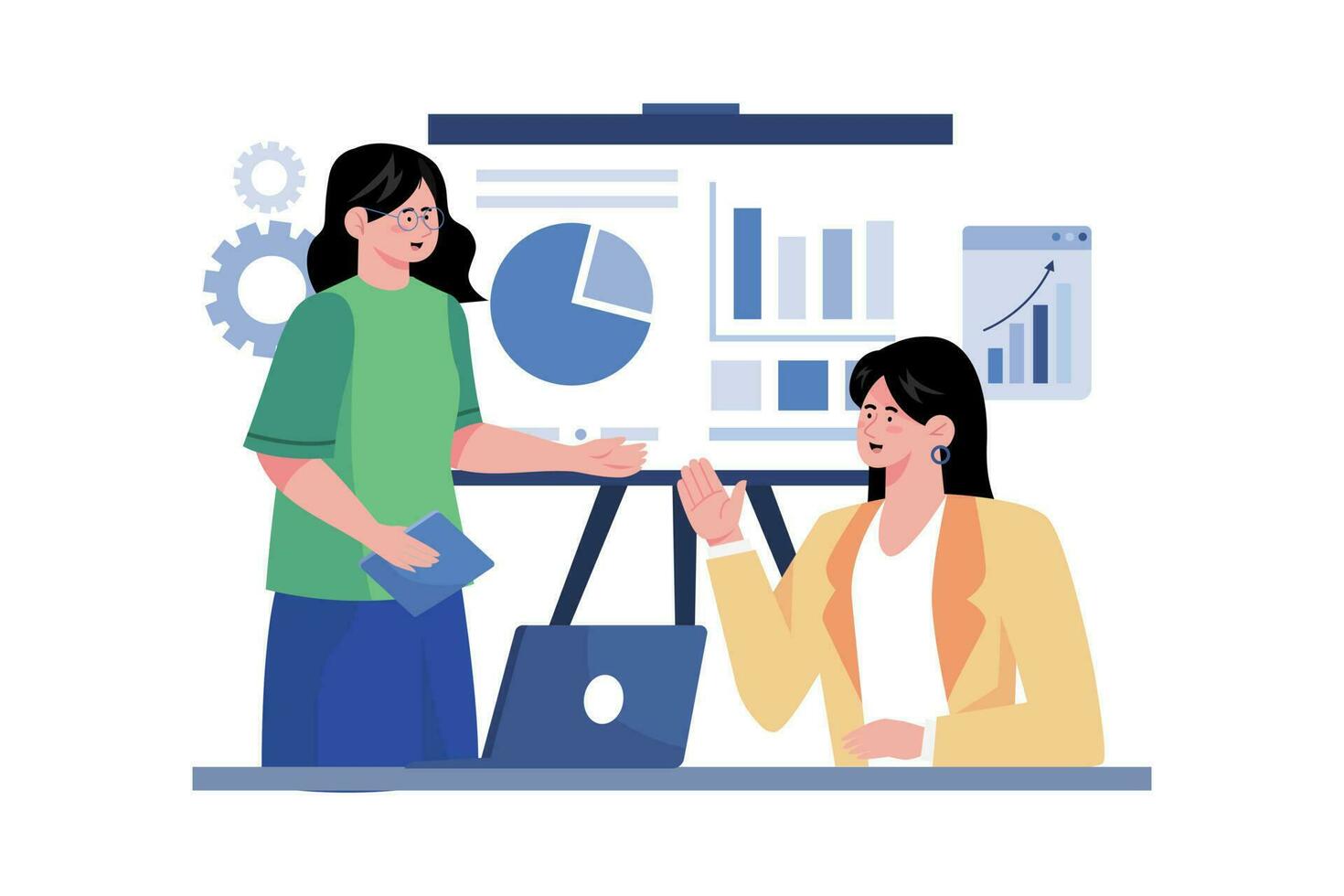 Business coach guiding clients in developing business plans. vector
