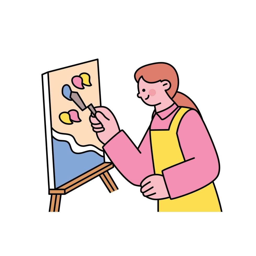 One day class workshop. People are learning new skills. Artist painting on an easel. vector