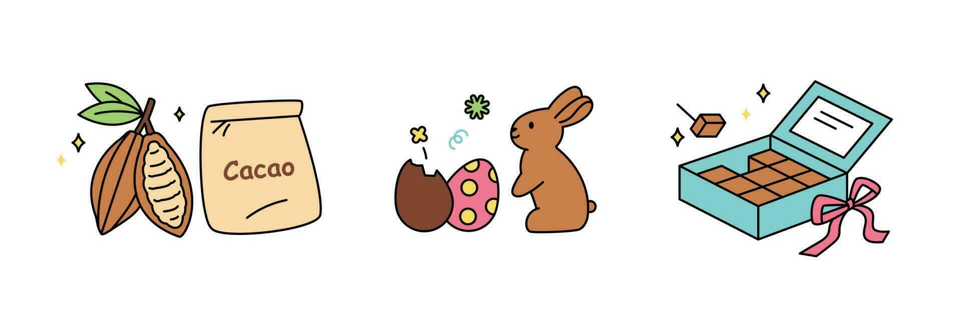 World Chocolate Day.Sweet dessert and people. Cacao beans, Easter bunnies and eggs, and pave chocolate. vector