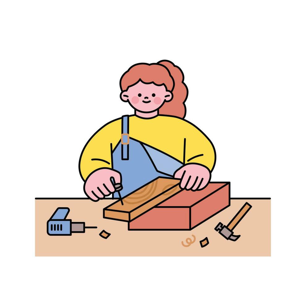 One day class workshop. People are learning new skills. wood workshop. vector