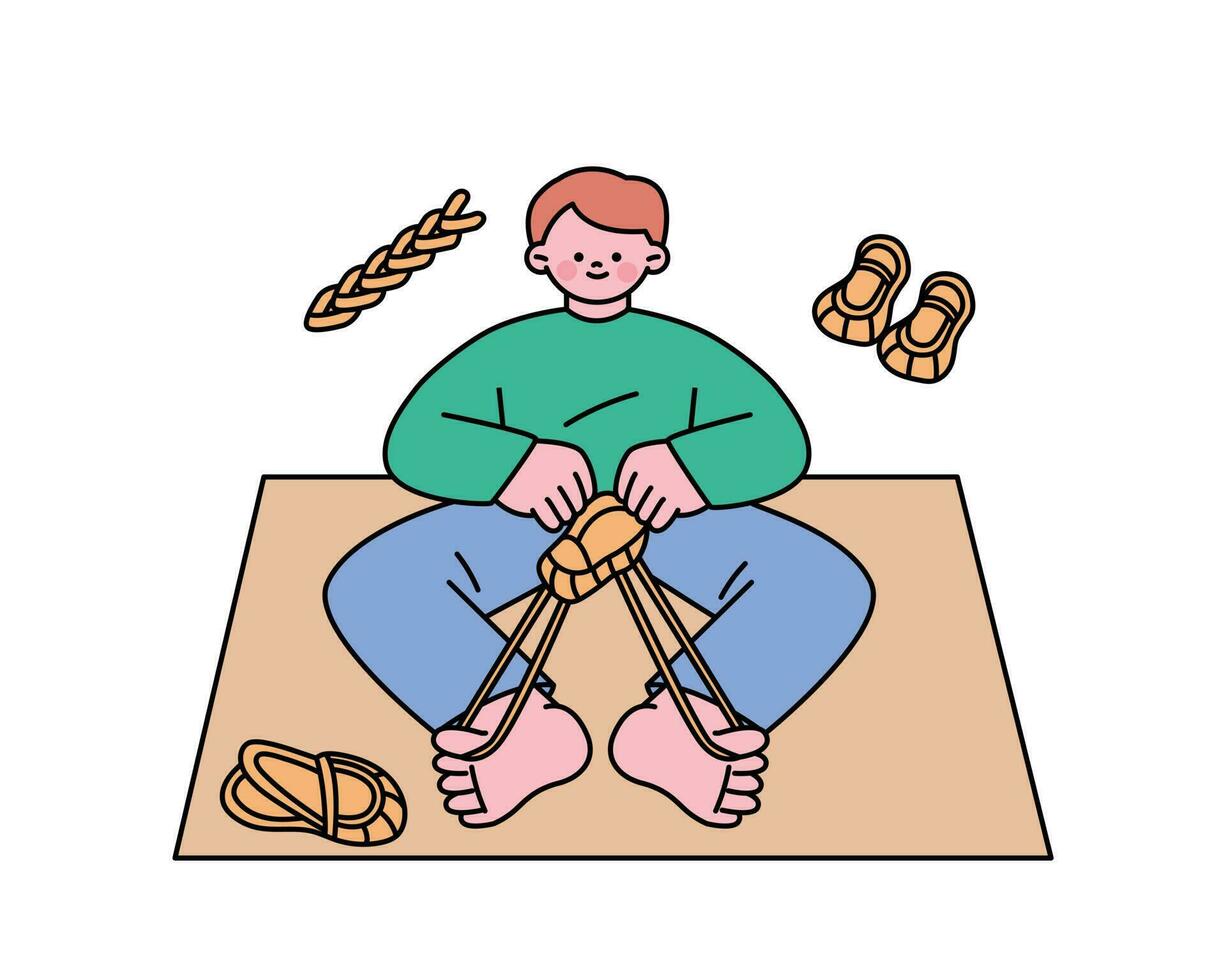 Hobby class. A boy is making traditional Korean straw shoes. vector