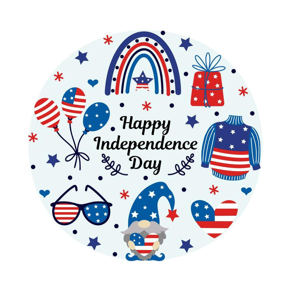 America independencia día vector colocar. símbolo de libertad - patriótico gnomo, Estados Unidos bandera suéter, Gafas de sol, estrella, arcoíris, globos nacional fiesta julio 4to. plano dibujos animados clipart para carteles, imprimir, web