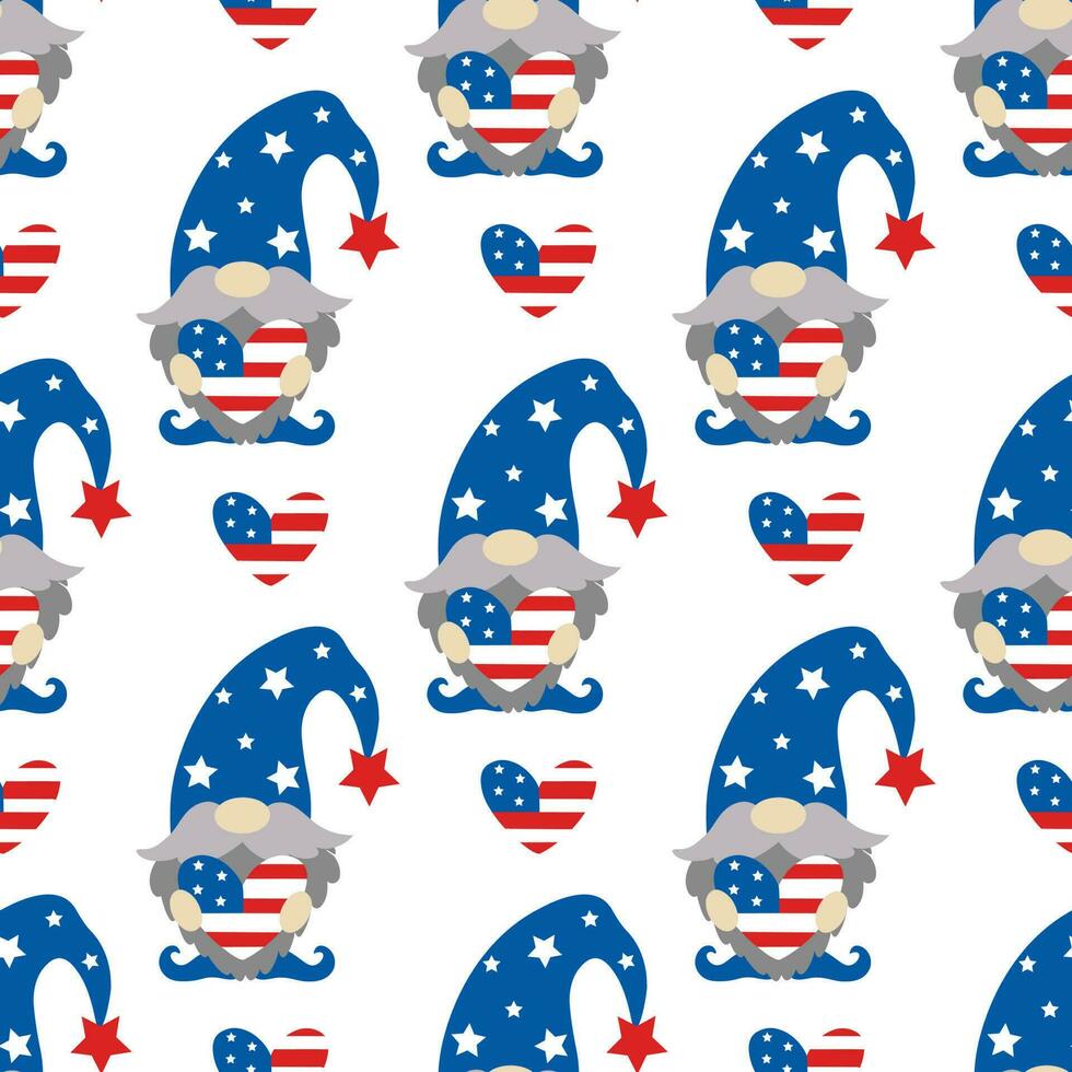 Patriotic gnomes by July 4th seamless vector pattern. American Independence Day. Cute dwarf with a beard holding a heart with USA flag. Leprechaun in a cap with stars. Flat cartoon background for web